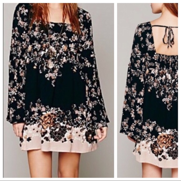 Free People Dresses & Skirts - Free People Boho Black Floral Print Bell Sleeve Mini Swing Dress Hippie Grunge L
